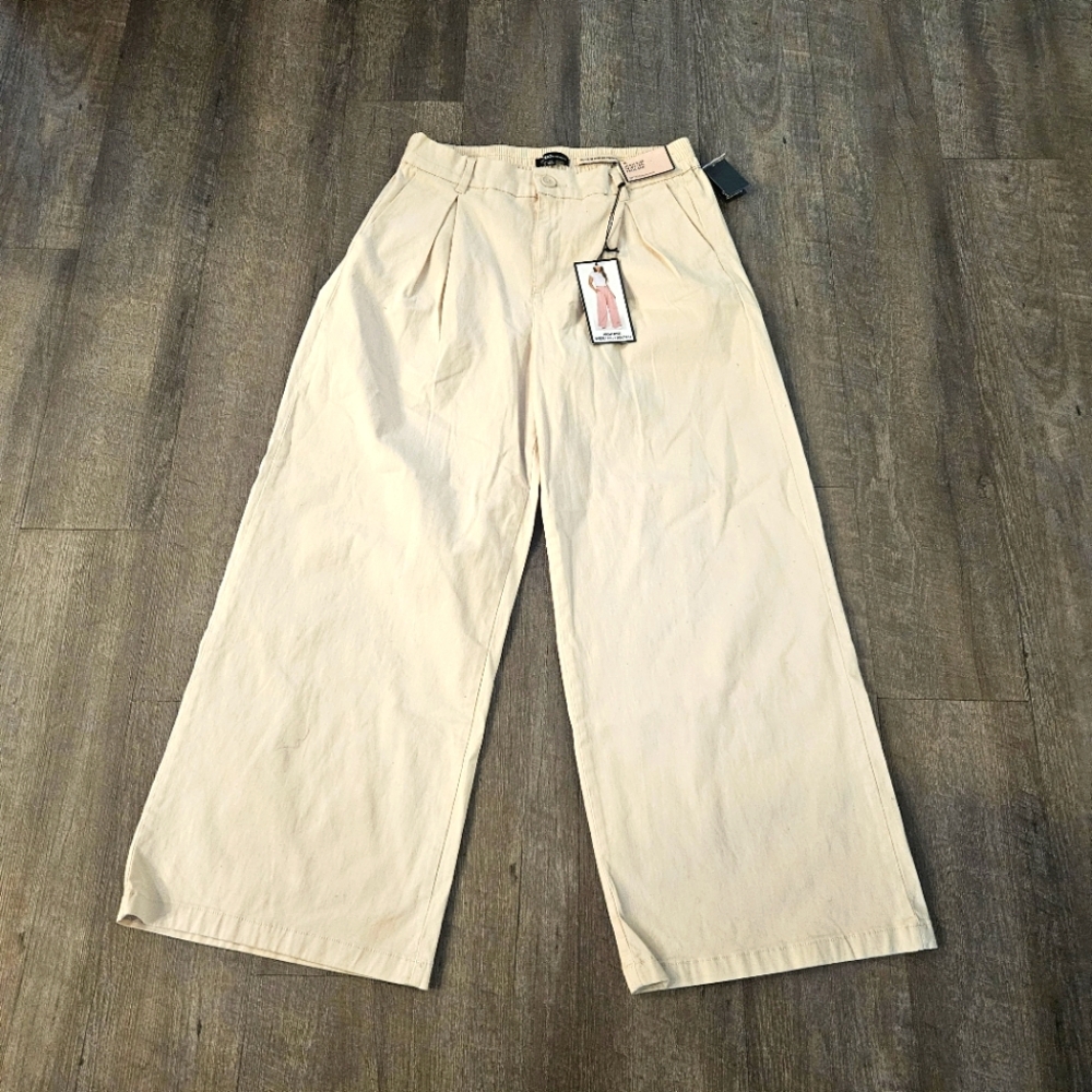 Bcbgmaxazria Trouser Pants High Rise Wide Leg Pleated Front Stretch Beige Cotton